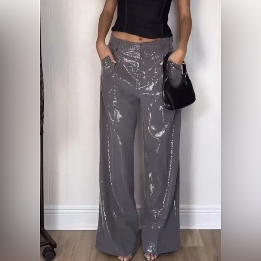 NWT Zara gray sequin menswear wide leg trousers Large